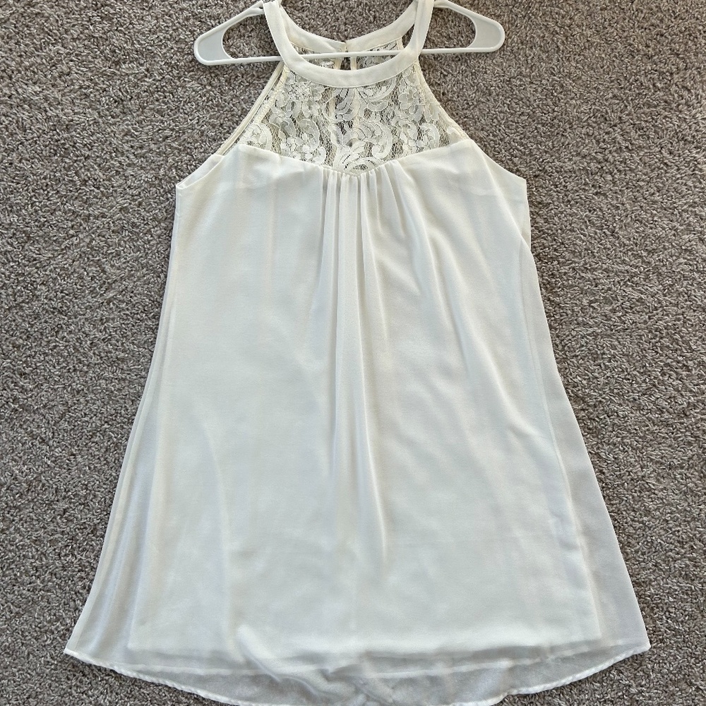 White Mini Dress High Neck w/ Lace Detail Sz Large
